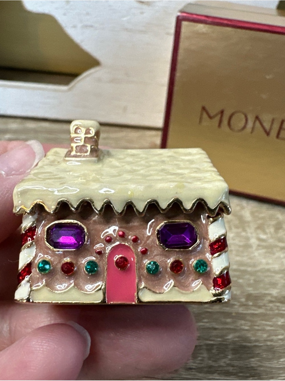 Monet Collectible Hinged Enamel Trinket Box Gingerbread house w/ Original Box